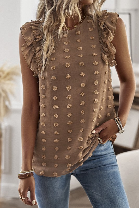 Swiss Dot Ruffle Trim Top in Brown (FINAL SALE ITEM)