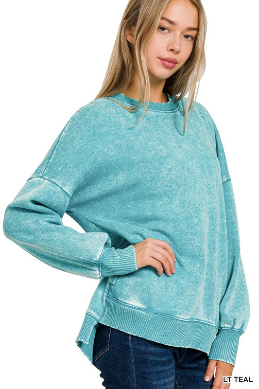 Mineral Wash Step Hem Sweatshirt in Teal