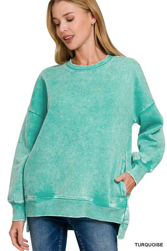 Mineral Wash Step Hem Sweatshirt in Turquoise