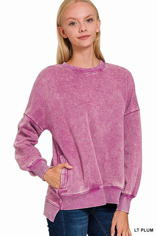 Mineral Wash Step Hem Sweatshirt in Plum