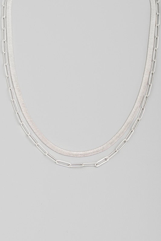 Snake & Oval Layered Necklace in Silver