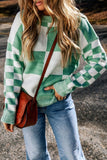 Plaid Knitted Round Neck Drop Shoulder Sweater