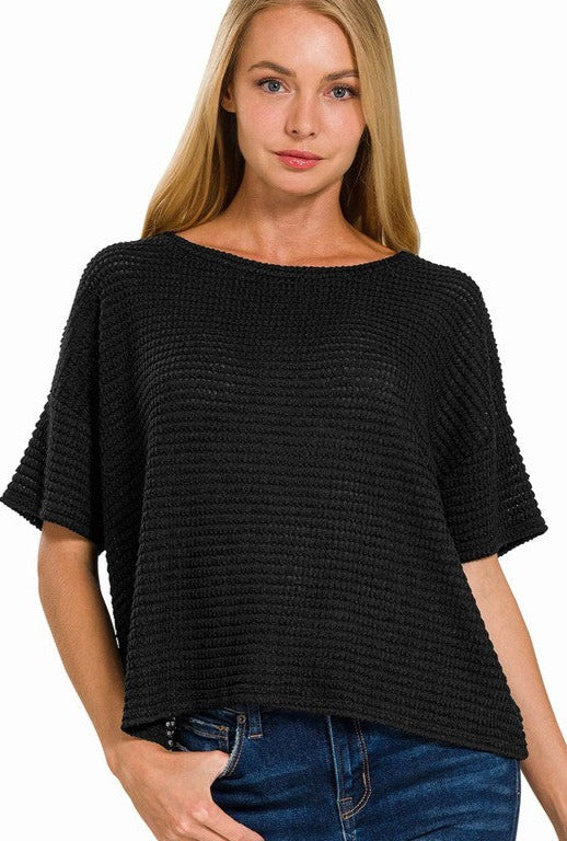 Drop Shoulder Jacquard Sweater in Black