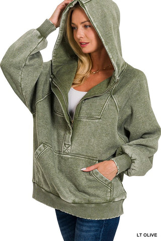 Acid Wash Kangaroo Pocket Hoodie in Light Olive