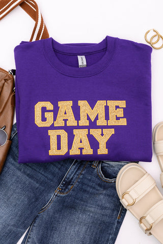PREORDER: Embroidered Glitter Game Day Sweatshirt in Purple/Old Gold