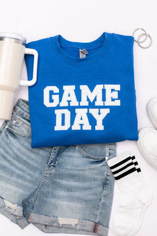PREORDER: Embroidered Glitter Game Day Sweatshirt in Royal Blue/White