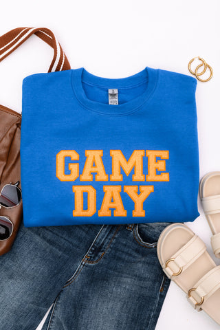PREORDER: Embroidered Glitter Game Day Sweatshirt in Royal Blue/Orange