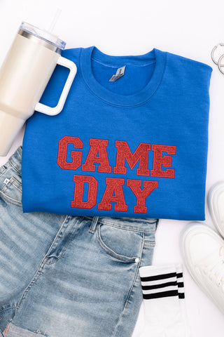 PREORDER: Embroidered Glitter Game Day Sweatshirt in Royal Blue/Red