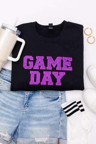 PREORDER: Embroidered Glitter Game Day Sweatshirt in Black/Purple