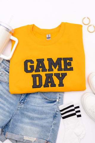 PREORDER: Embroidered Glitter Game Day Sweatshirt in Gold/Black