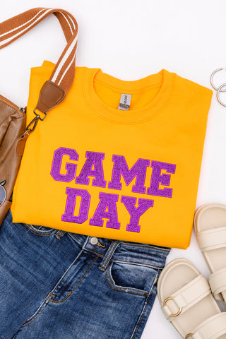 PREORDER: Embroidered Glitter Game Day Sweatshirt in Gold/Purple