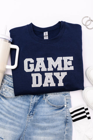 PREORDER: Embroidered Glitter Game Day Sweatshirt in Navy/Silver