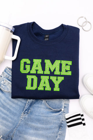 PREORDER: Embroidered Glitter Game Day Sweatshirt in Navy/Green