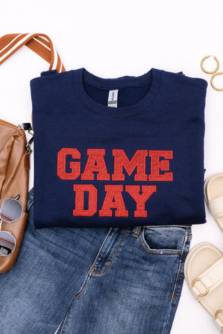 PREORDER: Embroidered Glitter Game Day Sweatshirt in Navy/Red