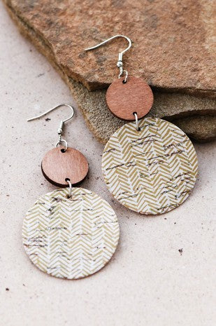 Boho Printed Cork Wood Drop Earrings in Khaki