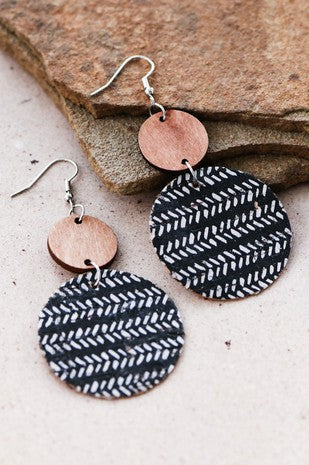 Boho Printed Cork Wood Drop Earrings in Black