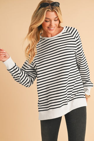 Raglan Side Slit Striped Top in Black