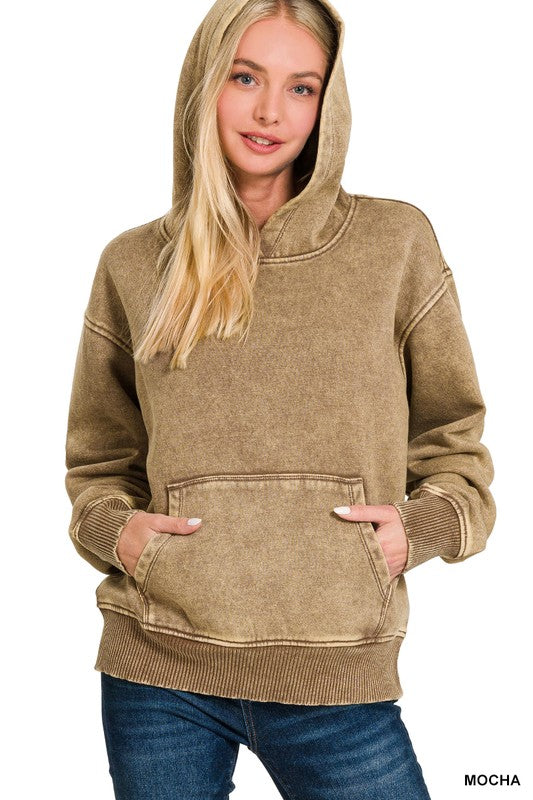 Acid Wash Kangaroo Pocket Hoodie in Mocha