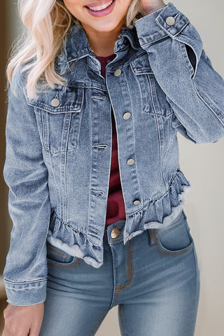 Ruffle Raw Hem Flap Pockets Denim Jacket