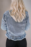 Ruffle Raw Hem Flap Pockets Denim Jacket