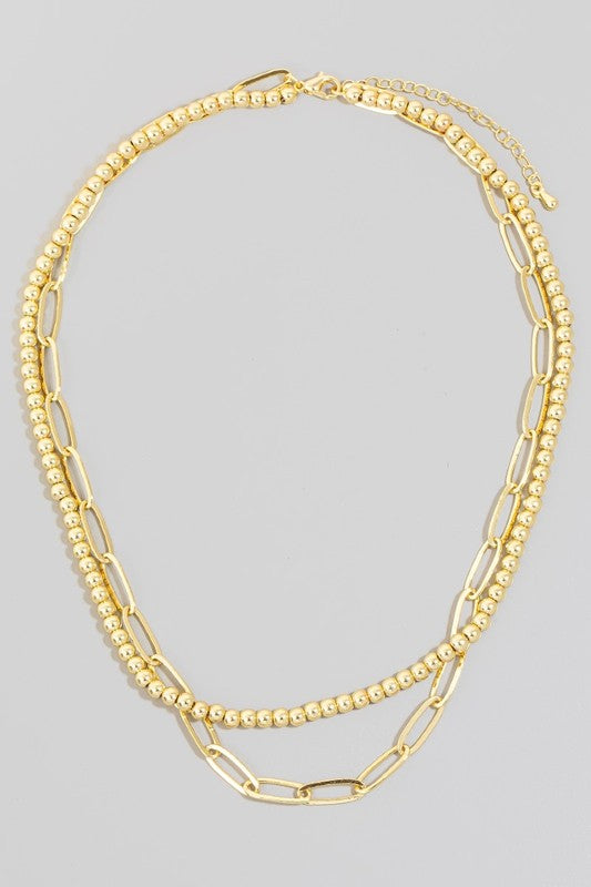 Beaded & Chain Link Necklace in Gold