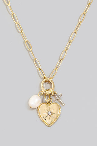 Pearl Cross And North Star Heart Charms Chain Necklace