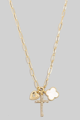 Pave Heart Cross And Shell Clover Charms Chain Necklace