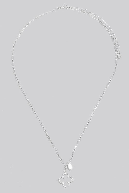 Pearl And Mini Studded Clover Charm Chain Necklace