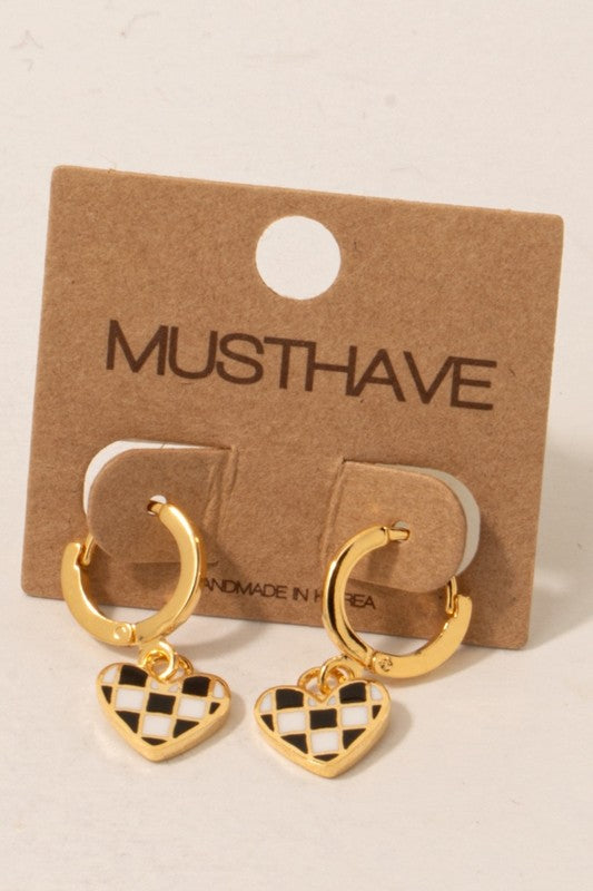 Checkered Heart Charm Earrings in Gold