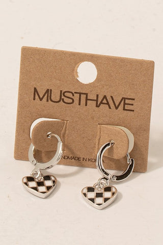 Checkered Heart Charm Earrings in Silver