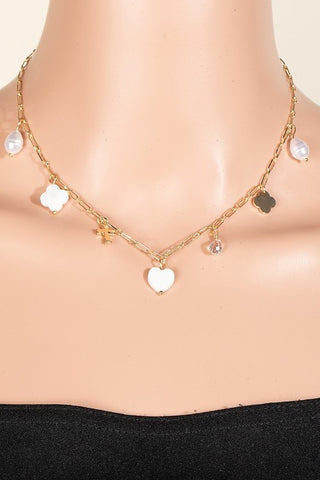 Mother Of Pearl Clover And Heart Charms Chain Necklace