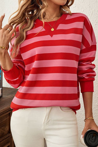 Stripe Long Sleeve Round Neck Drop Shoulder Top