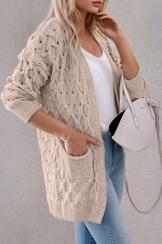 Eyelet Cable Knit Side Pockets Baggy Cardigan