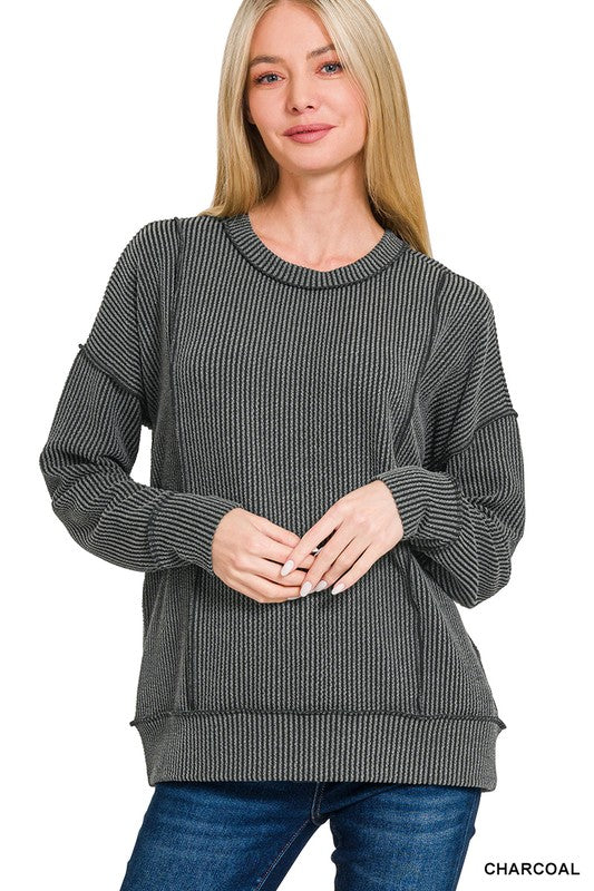 Corded Rib Long Sleeve Top in Charcoal (CYBER MONDAY SPECIAL)