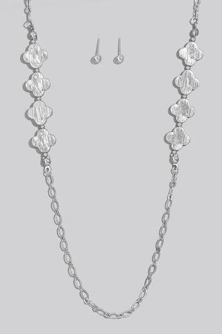 Clover Charm Long Chain Necklace in Silver