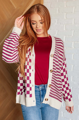 No Brainer Button Down Sweater Knit Cardigan in Magenta/Oatmeal (ONLINE EXCLUSIVE)